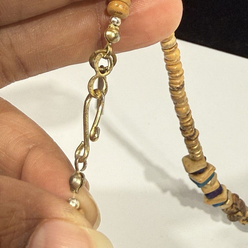 Vintage Casual Corner Double Strand Beaded Necklace Boho Wood Gold Tone Signed - Picture 6 of 16